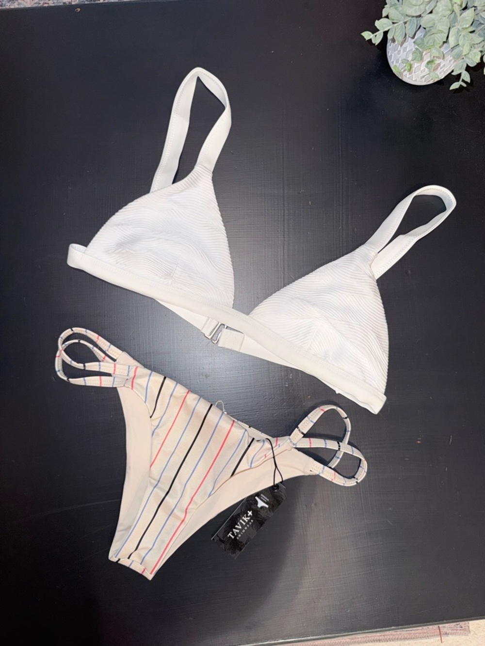 Tavik Cream Bikini Bottom with Multi-Color Stripe Small and White Top Medium